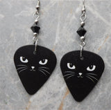 Black Cat Face Guitar Pick Earrings with Black Swarovski Crystals