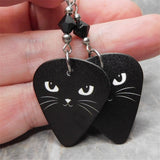 Black Cat Face Guitar Pick Earrings with Black Swarovski Crystals