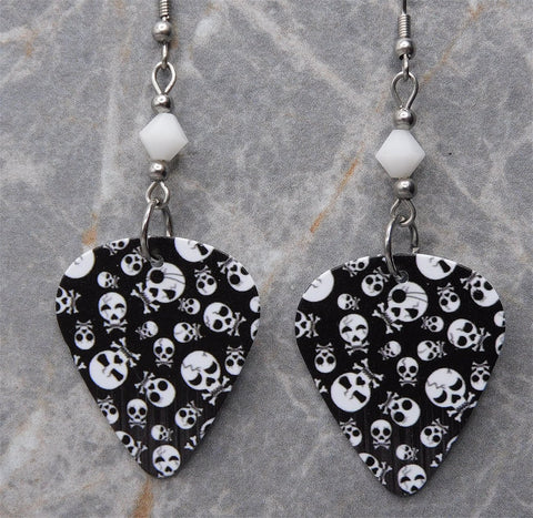 Skull and Crossbone Pattern on Black Guitar Pick Earrings with White Swarovski Crystals