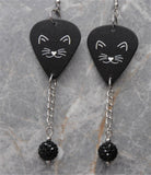 Cute Black Cat Face Guitar Pick Earrings with Black Pave Bead Dangles