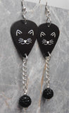 Cute Black Cat Face Guitar Pick Earrings with Black Pave Bead Dangles