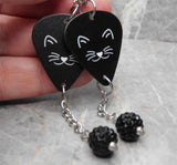 Cute Black Cat Face Guitar Pick Earrings with Black Pave Bead Dangles