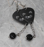 Cute Black Cat Face Guitar Pick Earrings with Black Pave Bead Dangles