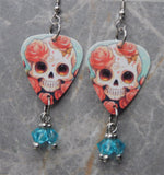 Cartoon Style Skull with Roses Guitar Pick Earrings with Blue Swarovski Crystal Dangles