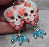 Cartoon Style Skull with Roses Guitar Pick Earrings with Blue Swarovski Crystal Dangles