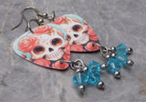 Cartoon Style Skull with Roses Guitar Pick Earrings with Blue Swarovski Crystal Dangles