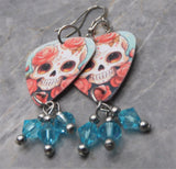 Cartoon Style Skull with Roses Guitar Pick Earrings with Blue Swarovski Crystal Dangles