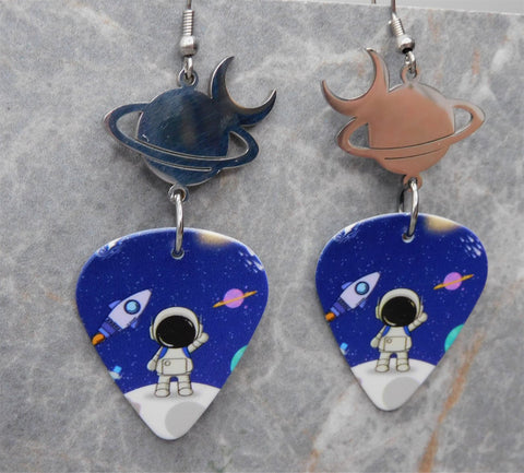 Little Astronaut Guitar Pick Earrings with Planet and Moon Stainless Steel Connector