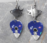 Little Astronaut Guitar Pick Earrings with Planet and Moon Stainless Steel Connector