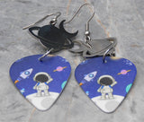 Little Astronaut Guitar Pick Earrings with Planet and Moon Stainless Steel Connector