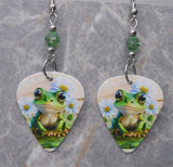 A Frog and Daisies Guitar Pick Earrings with Green Swarovski Crystals