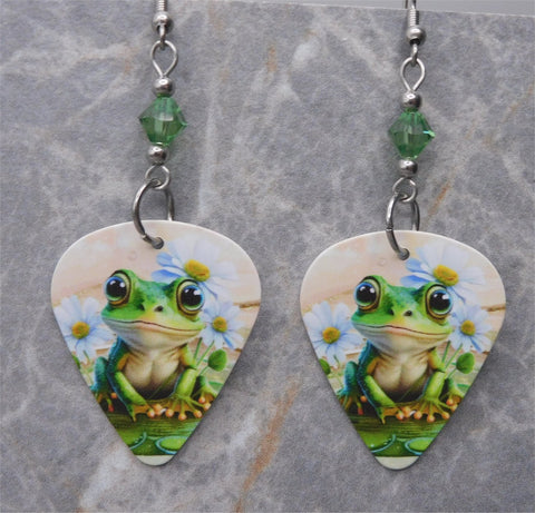 A Frog and Daisies Guitar Pick Earrings with Green Swarovski Crystals