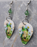 A Frog and Daisies Guitar Pick Earrings with Green Swarovski Crystals