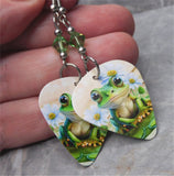 A Frog and Daisies Guitar Pick Earrings with Green Swarovski Crystals