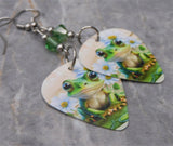 A Frog and Daisies Guitar Pick Earrings with Green Swarovski Crystals