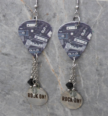 Cassette Tape Guitar Pick Earrings with Stainless Steel Rock On! Charms and Swarovski Crystal Dangles