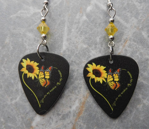 You Are My Sunshine Sunflower Guitar Pick Earrings with Yellow Swarovski Crystals