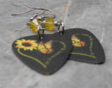 You Are My Sunshine Sunflower Guitar Pick Earrings with Yellow Swarovski Crystals