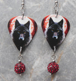 Blood Moon Wolf Guitar Pick Earrings with Red Pave Bead Dangles