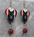 Blood Moon Wolf Guitar Pick Earrings with Red Pave Bead Dangles