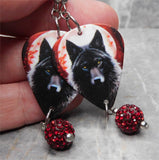 Blood Moon Wolf Guitar Pick Earrings with Red Pave Bead Dangles