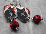 Blood Moon Wolf Guitar Pick Earrings with Red Pave Bead Dangles