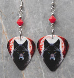 Blood Moon Wolf Guitar Pick Earrings with Red Swarovski Crystals