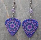 Purple Mandala Guitar Pick Earrings with Purple Swarovski Crystals