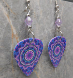 Purple Mandala Guitar Pick Earrings with Purple Swarovski Crystals