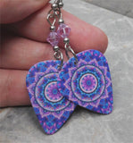 Purple Mandala Guitar Pick Earrings with Purple Swarovski Crystals