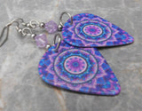 Purple Mandala Guitar Pick Earrings with Purple Swarovski Crystals