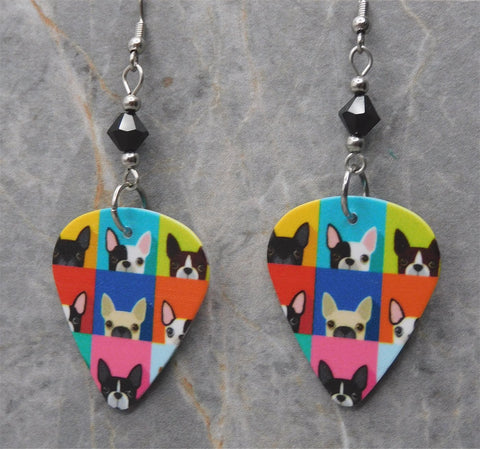 French Bulldog Boston Terrier Guitar Pick Earrings with Black Swarovski Crystals