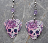 Illustrated Purple Skull with a Rose Guitar Pick Earrings with Violet Swarovski Crystals