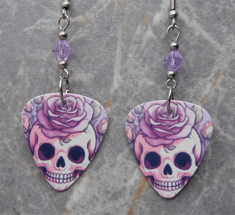 Illustrated Purple Skull with a Rose Guitar Pick Earrings with Violet Swarovski Crystals