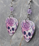 Illustrated Purple Skull with a Rose Guitar Pick Earrings with Violet Swarovski Crystals