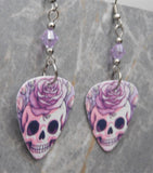 Illustrated Purple Skull with a Rose Guitar Pick Earrings with Violet Swarovski Crystals