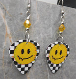 Static Interference Happy Face Emoji Guitar Pick Earrings with Yellow Swarovski Crystals