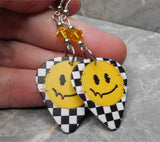 Static Interference Happy Face Emoji Guitar Pick Earrings with Yellow Swarovski Crystals