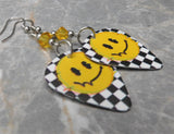 Static Interference Happy Face Emoji Guitar Pick Earrings with Yellow Swarovski Crystals