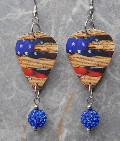 American Flag and The Constitution Guitar Pick Earrings with Blue Pave Bead Dangles