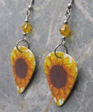 Sunflower Guitar Pick Earrings with Golden Yellow Swarovski Crystals