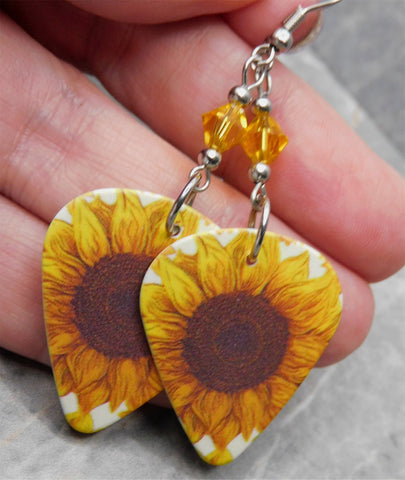 Sunflower Guitar Pick Earrings with Golden Yellow Swarovski Crystals