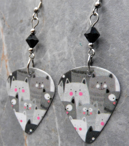 Black and White Cats Guitar Pick Earrings with Black Swarovski Crystals