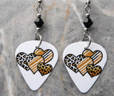 Leopard Print and Striped Hearts Guitar Pick Earrings with Black Swarovski Crystals