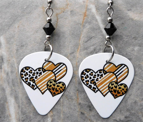 Leopard Print and Striped Hearts Guitar Pick Earrings with Black Swarovski Crystals