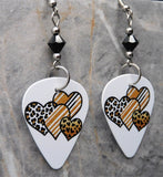 Leopard Print and Striped Hearts Guitar Pick Earrings with Black Swarovski Crystals