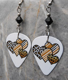 Leopard Print and Striped Hearts Guitar Pick Earrings with Black Swarovski Crystals