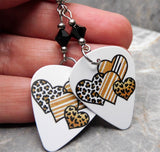 Leopard Print and Striped Hearts Guitar Pick Earrings with Black Swarovski Crystals