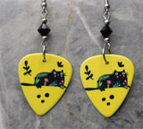 Black Cat Decorated with Flowers Guitar Pick Earrings with Black Swarovski Crystals