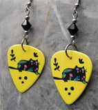 Black Cat Decorated with Flowers Guitar Pick Earrings with Black Swarovski Crystals